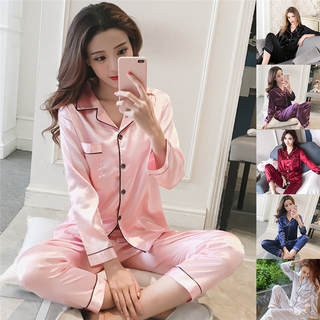 Bộ Đồ Ngủ Pijama Vải Lụa Dài Tay Màu Trơn Thời Trang Thu Đông Cho Nữ