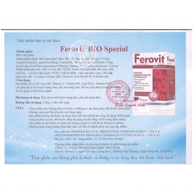 ✅ FEROVIT BIO SPECIAL (Sideral Forte mẫu mới)- Viên uống bổ sung sắt sinh học Lipofer cho bà bầu, người thiếu máu