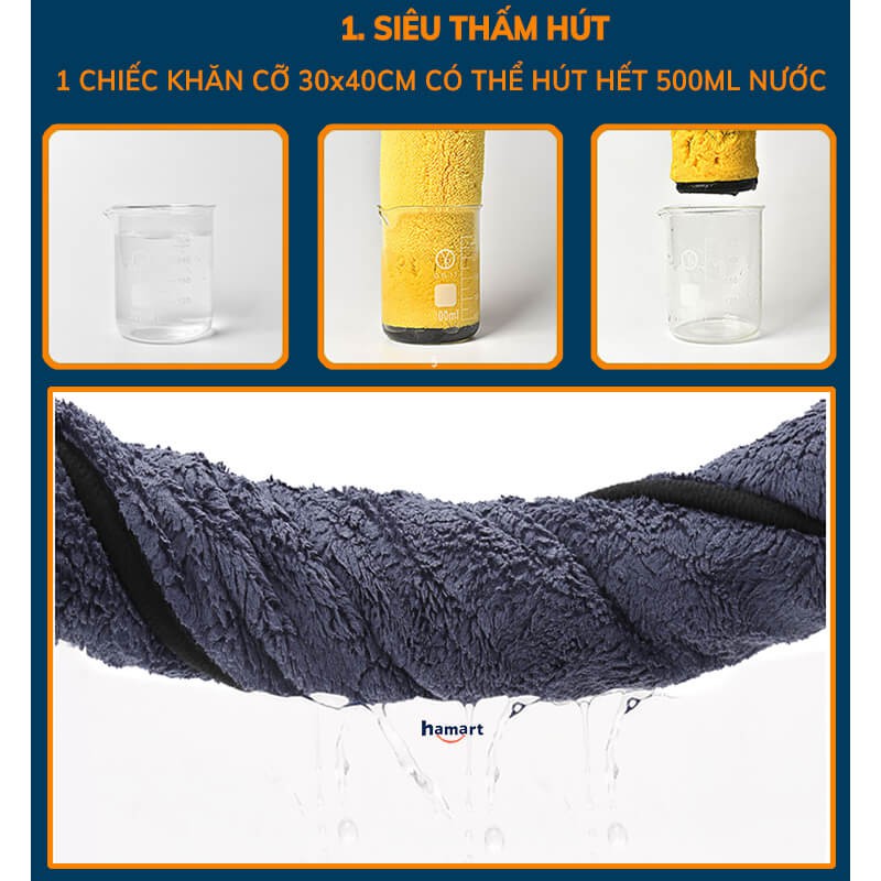 [3 MÀU 30x40cm] Khăn Lau Ô Tô Khăn Lau Đa Năng Hamart Siêu Thấm Hút Khăn Microfiber Cao Cấp