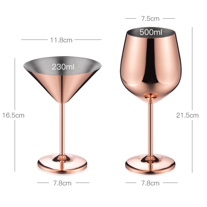 Bộ 2 Ly Cocktail và Ly Rượu Inox 304 - (Cocktail : 12x16.5cm 230ml, Ly Rượu : 7.5x21.5cm 500ml)