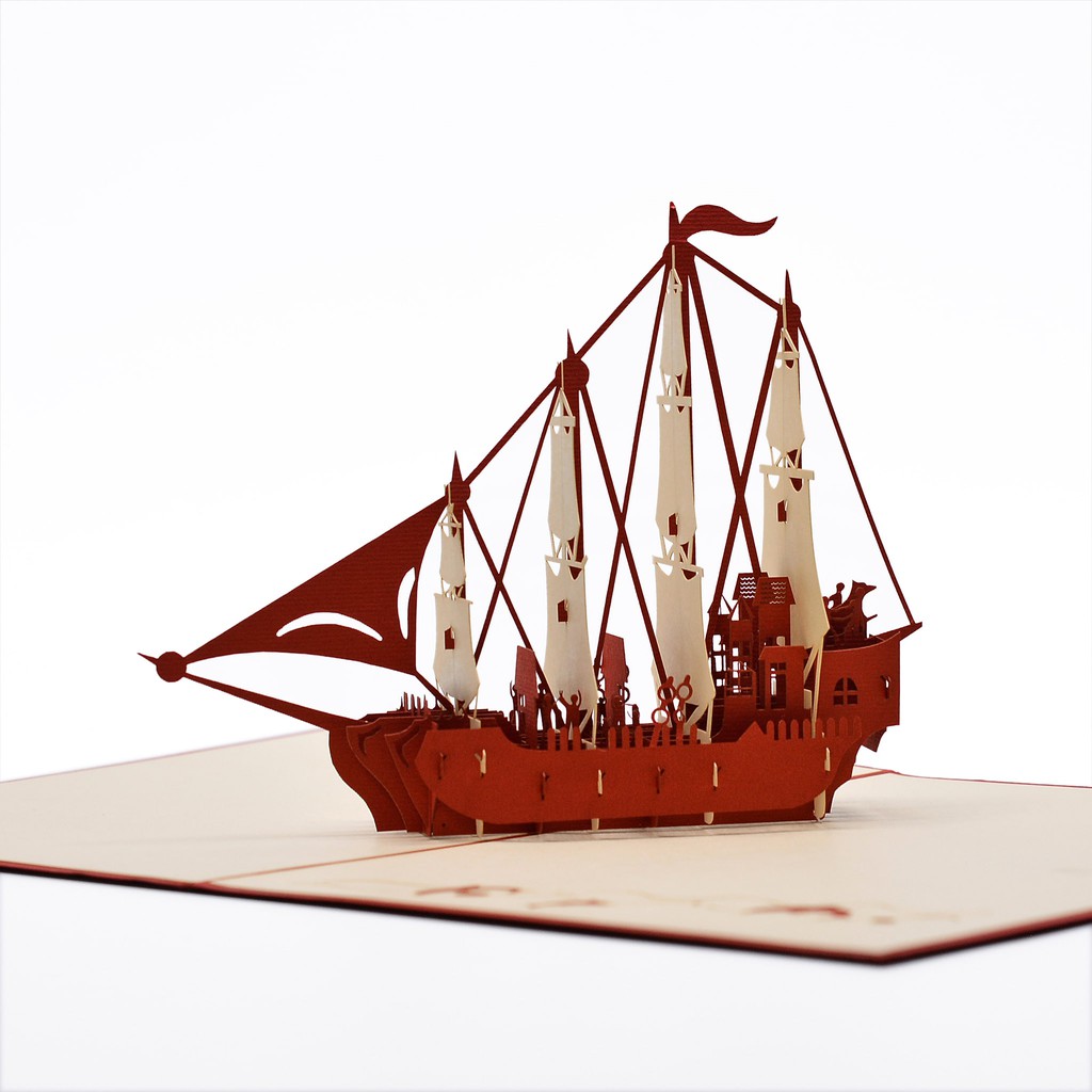 Thiệp nổi 3D handmade Mô hình thuyền, 3D pop-up card bìa lót màu kem, size 15x20 cm OC051