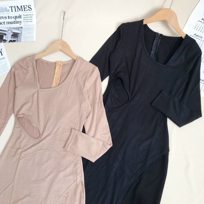 Đầm body xẻ đùi khoét eo sexy tay dài