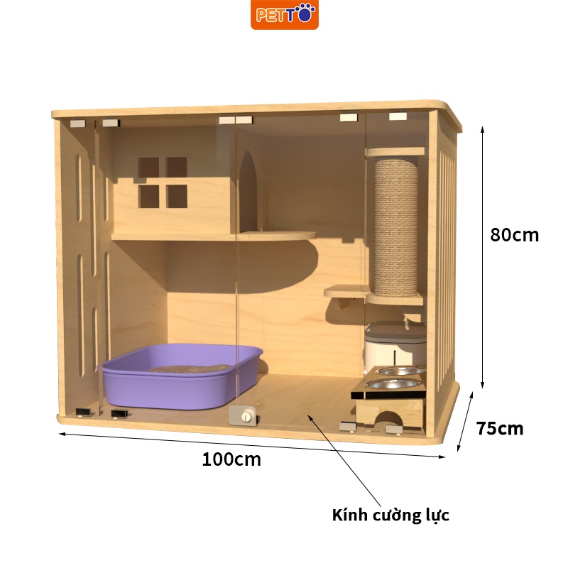 Tủ nuôi mèo PETTO bằng GỖ chuồng mèo HIỆN ĐẠI rộng rãi, thoáng mát dành cho 1 - 2 bé mèo CC002