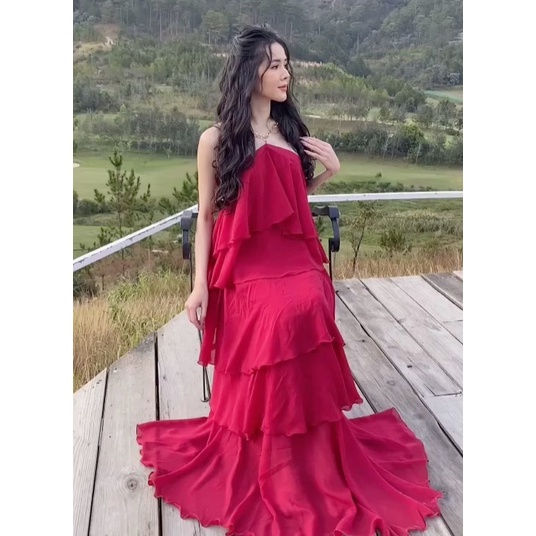 axi Cổ Xích Đầm trễ vai 5 Tầng - Váy xòe đi biển chất voan 2 lớp phong cách hàn quốc du l