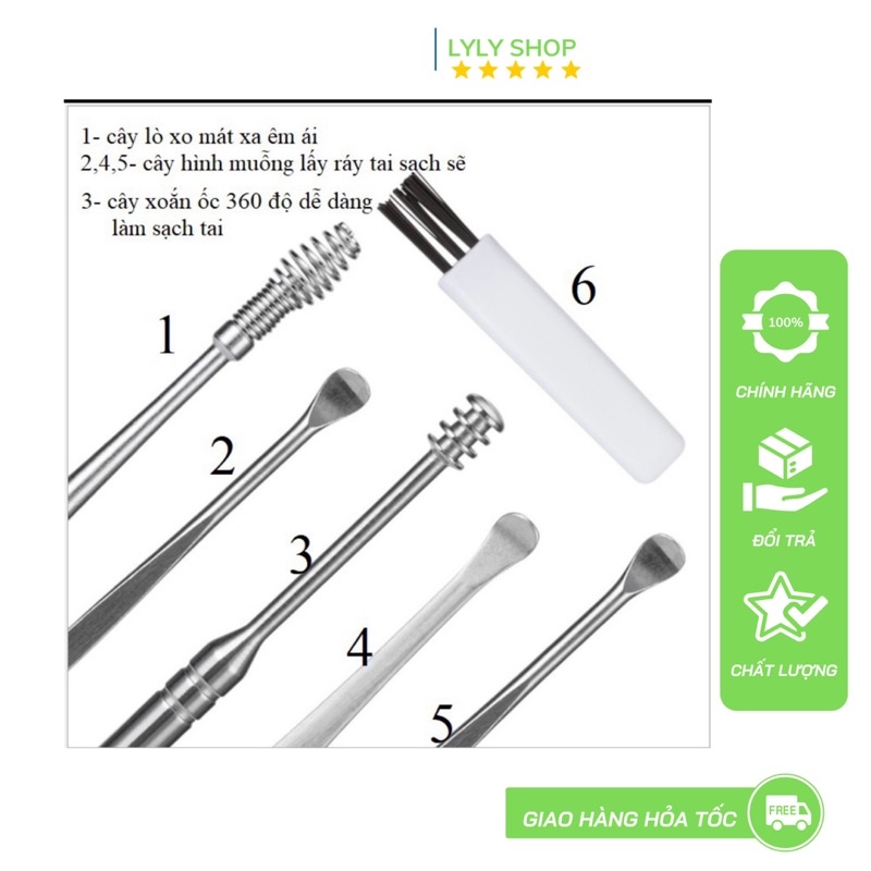 Bộ Lấy Ráy Tai Thép Không Rỉ 6 Món, Bộ Mát Xa Tai - Làm Sạch Tai Hiệu Qủa