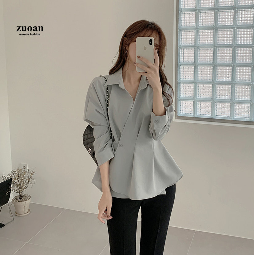Zuoan Áo Sơ Mi Tay Dài Màu Trơn Phong Cách Hàn Quốc Cho Nữ