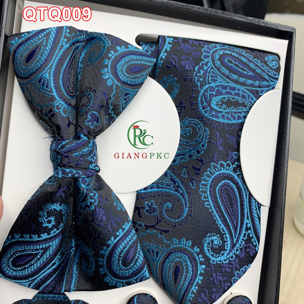 Set cà vạt họa tiết + măng séc + khăn cài áo sang trọng + nơ  họa tiết gấm nổi  Giangpkc qtp007