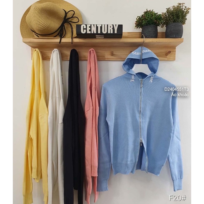 Áo khoác len khóa kéo nón phối chữ