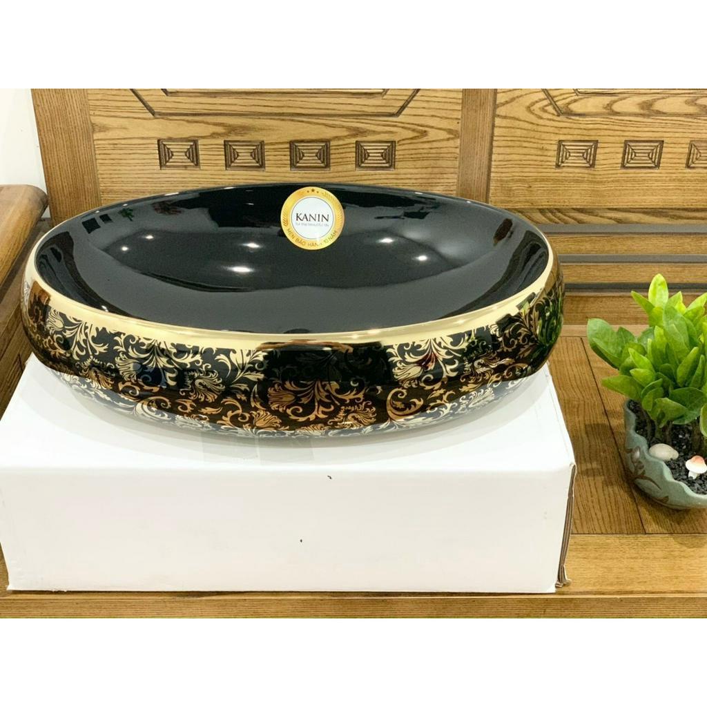 Lavabo dương bàn dáng elip đen hoa vàng-lavabo đặt bàn đá