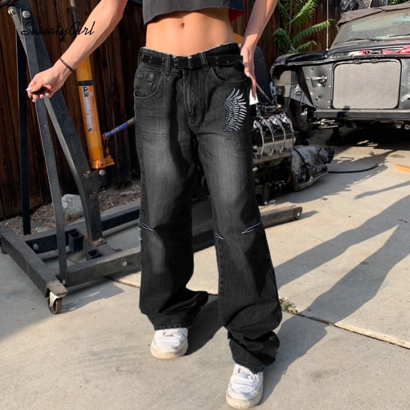 Quần Jean Ống Rộng Lưng Thấp Màu Đen Trơn Thời Trang 2022 Dành Cho Nữ