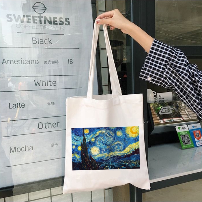 Túi mua sắm canvas sức chứa lớn hình tranh Van Gogh phong cách Ulzzang Harajuku