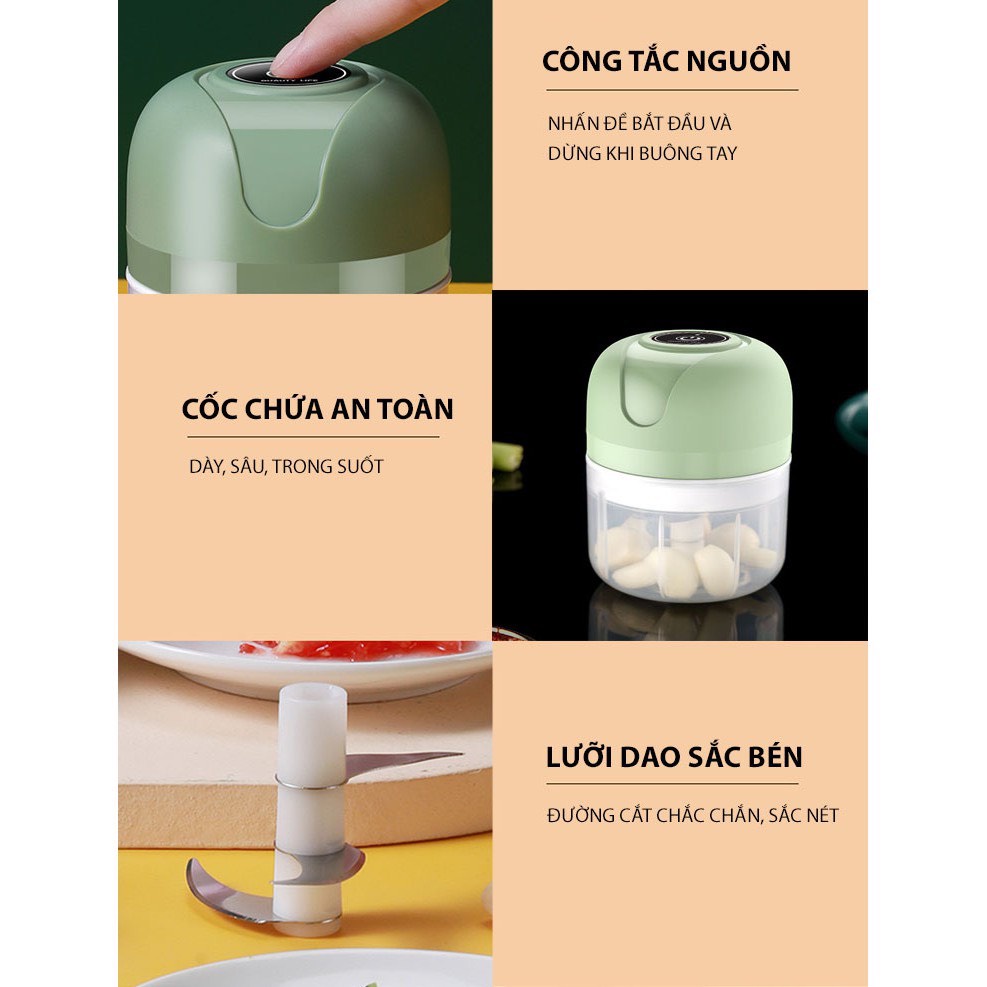 Máy Xay Mini Tỏi Ớt Cầm Tay 250ml Sử Dụng Cổng Sạc USB Siêu Tiện Lợi Mẫu Mới 2021