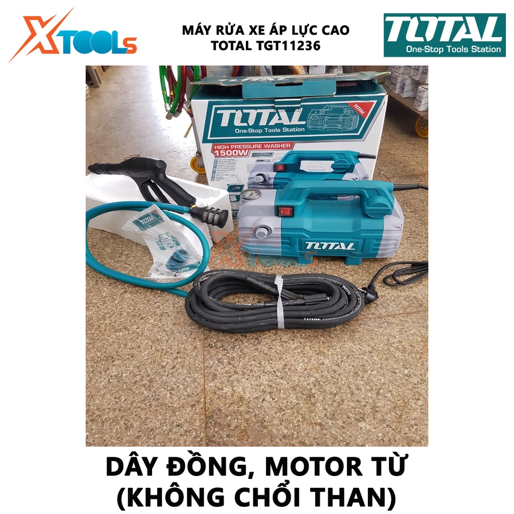 Máy rửa xe TOTAL TGT11236 thiết bị vệ sinh xe điện thế 220-240V~50Hz 1500W, Áp suất tối đa 100Bar đánh bay bụi bẩn