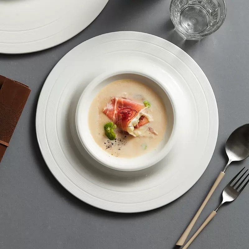 Đĩa Soup sứ trắng vân sọc bo tròn kiểu phương Tây cho nhà hàng,khách sạn