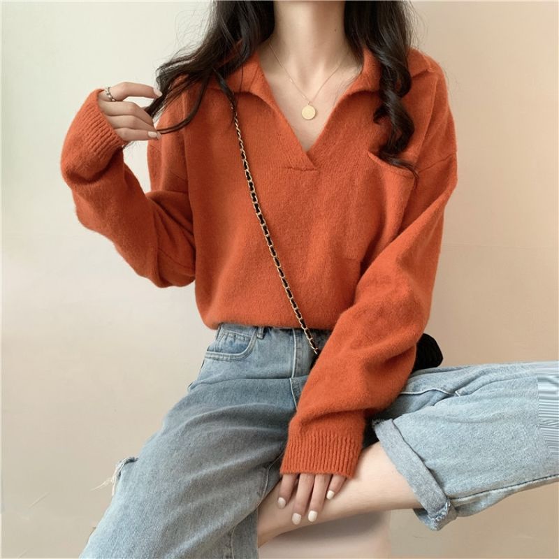 Áo sweater dệt kim cổ chữ V dáng rộng mềm mại phong cách retro