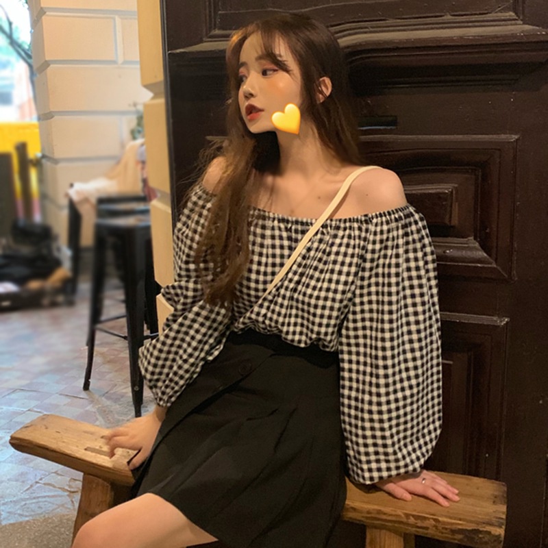 Áo Sơ Mi Chiffon Tay Dài Hở Vai Dáng Rộng Họa Tiết Sọc Caro Phong Cách Hàn Quốc Ngọt Ngào Cho Nữ