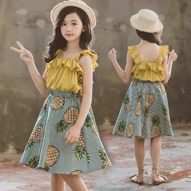 SET ÁO VÀ CHÂN VÁY HỌA TIẾT TRÁI DỨA BÉ GÁI