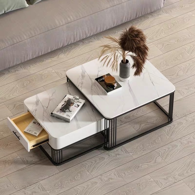 Bàn trà sofa vuông đôi H2 Furniture mặt đá vân có ngăn kéo tiện lợi hiện đại đơn giản phù hợp cho phòng khách chung cư