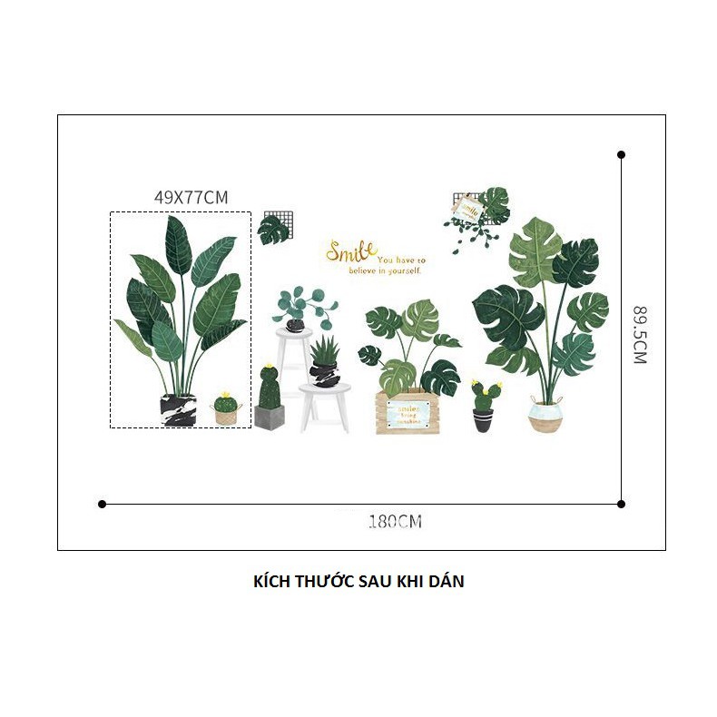 Decal dán tường 3D phong cách Hàn Quốc chậu cây tươi xanh - decalhcm