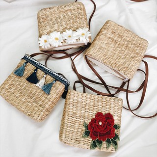 Túi cói vuông hoa cúc - túi cói vuông lục bình hoa cúc