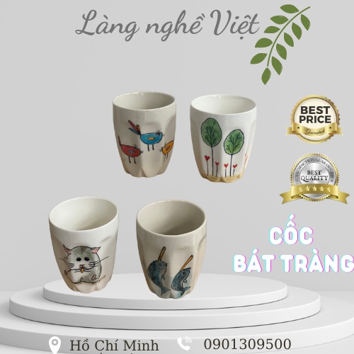 Cốc trà, cốc cà phê gốm sứ thủ công bát tràng, họa tiết vẽ tay xinh xắn (không quai) 250ml