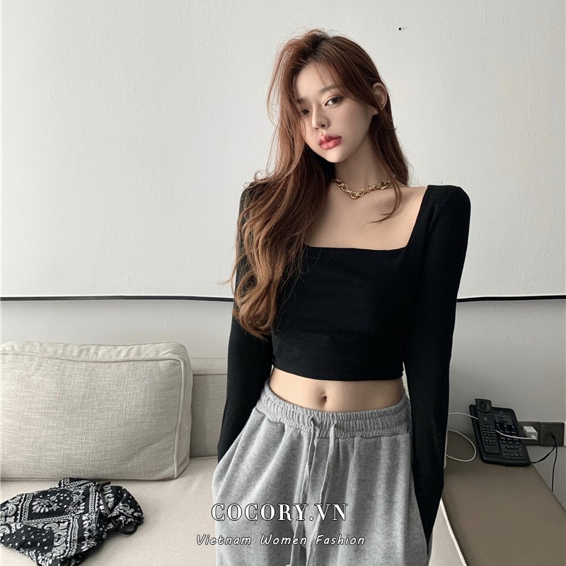 Cocory vn Áo Croptop Dài Tay Cổ Vuông Màu Trơn Dễ Phối Đồ Cho Nữ
