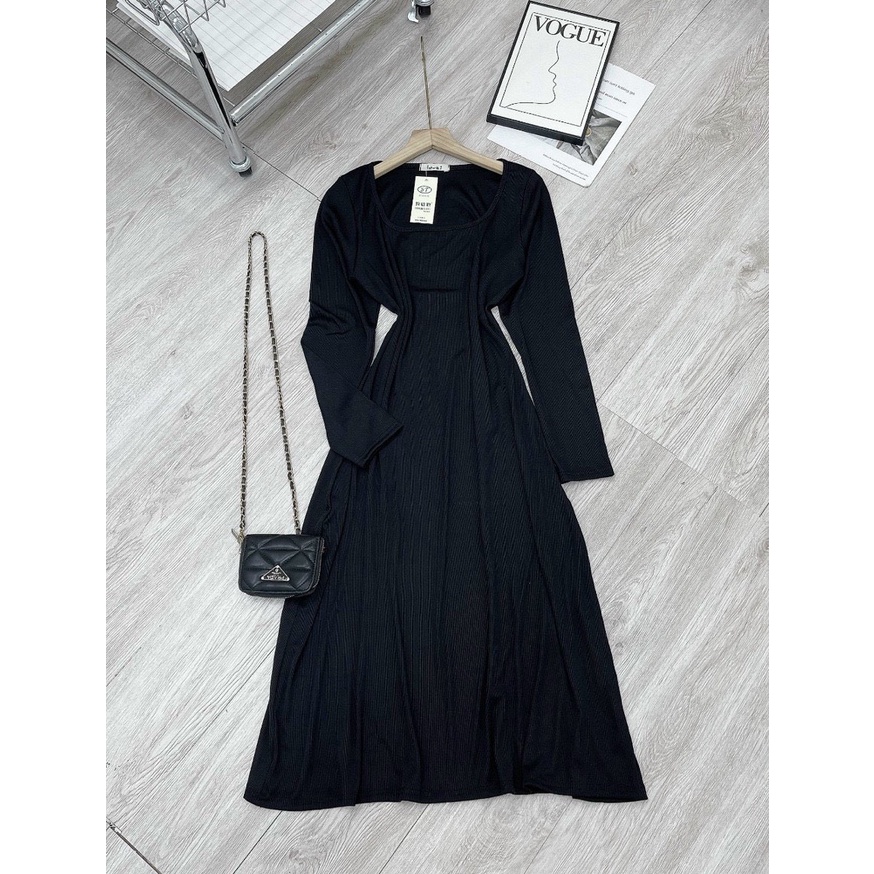 Đầm Body Cổ U Tay Dài Ôm Body Kiểu Xòe Chất Thun Gân , Đầm Body Midi Xòe