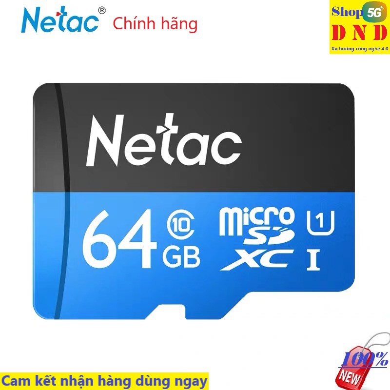 Thẻ nhớ microSD Chính hãng Netac 64GB class 10, tốc độ đọc 80 - 100mb/s, tốc độ ghi 10mb/s. Ghi hình 4k