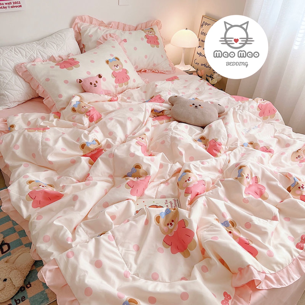 Bộ Chăn Ga Gối Cotton Bèo Chăn Hè Trần Bông Meo Meo Bedding - Nỉ 🦋 Thêu Cao Cấp - Nỉ Mịn Cao Cấp