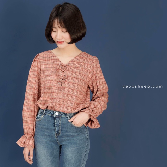 Thanh Lý Áo Kẻ Veo’s The Sheep String Checked Shirt tay dài chun bo xoè