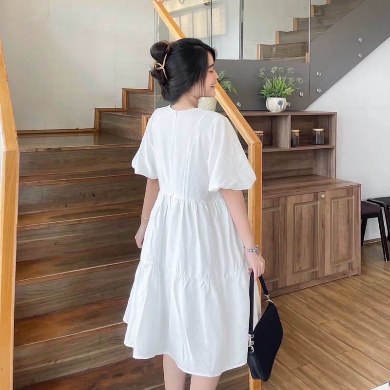 Đầm váy babydoll trắng tầng xếp li freesize du lịch