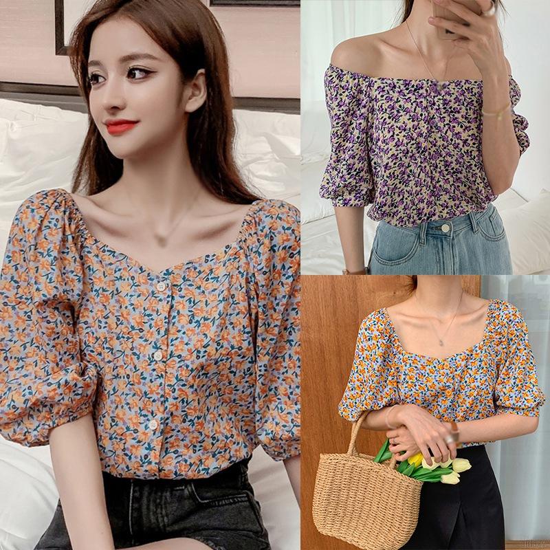 Áo voan hoa trễ vai phong cách Hàn Quốc xinh xắn cho nữ