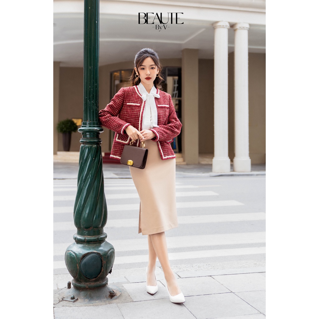 BEAUTEBYV - Áo blazer tweed đỏ trang trí ren tết Kylie | BigBuy360 - bigbuy360.vn