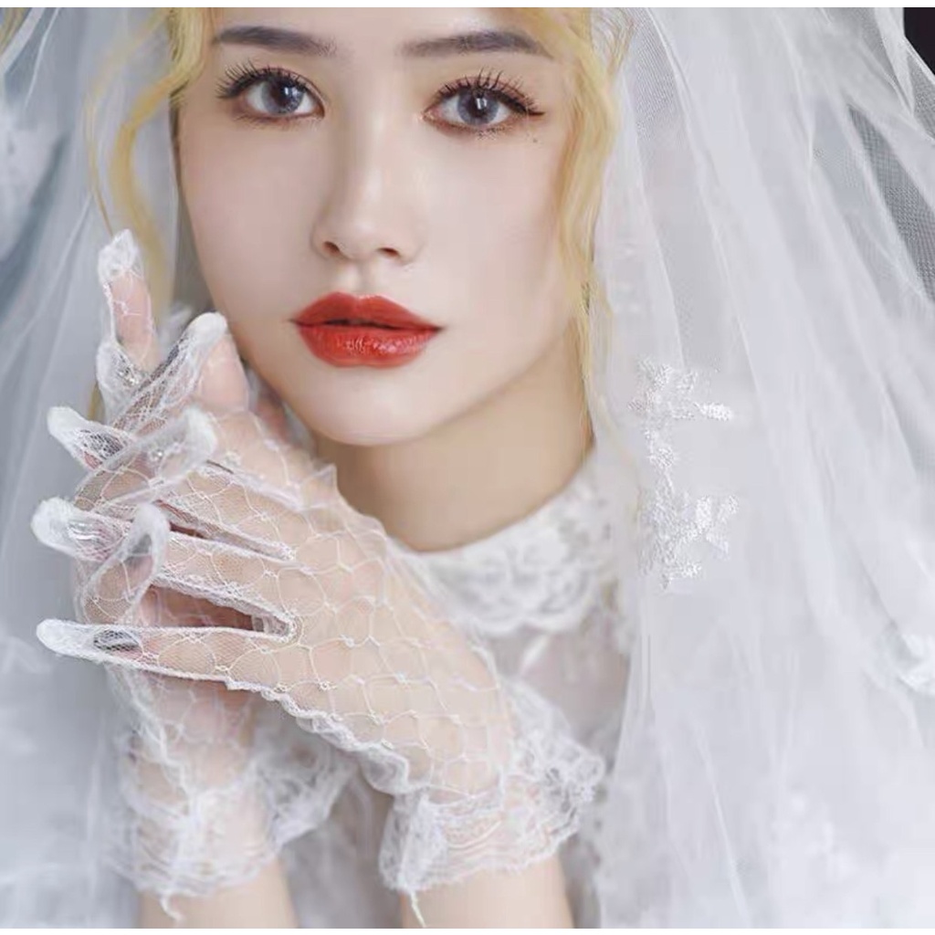 ( 2 màu) Găng tay full ren lưới mỏng phụ kiện chụp ảnh phong cách loli