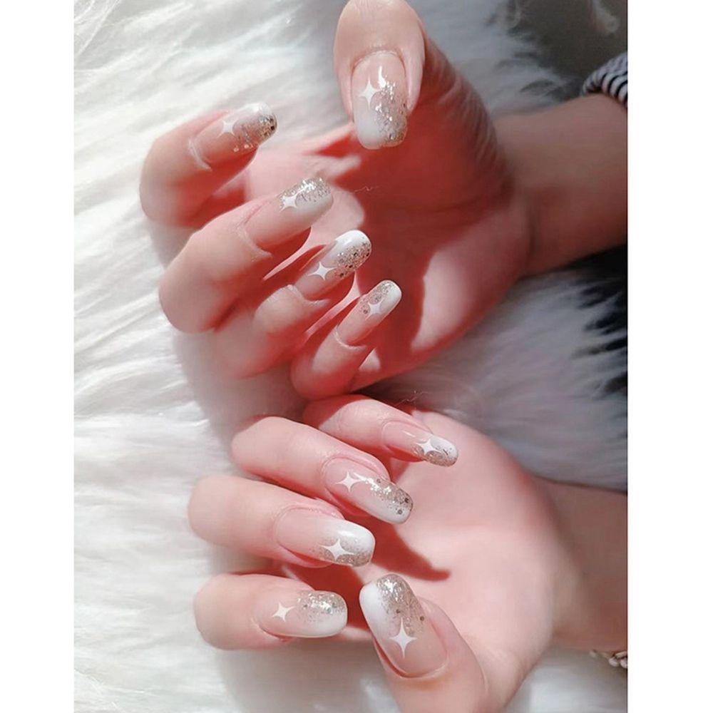 Bộ 24 Móng Tay Giả Che Phủ Toàn Diện Họa Tiết Hoa Và Ngôi Sao Lấp Lánh Có Thể Tháo Rời