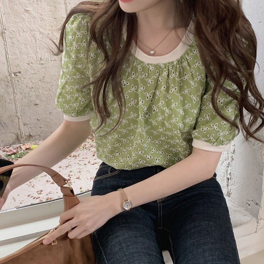 Áo Nữ Ngắn Tay Cổ Tròn Thêu Họa Tiết Phong Cách Hàn Quốc 43330