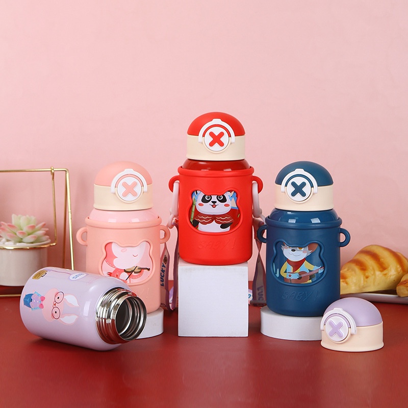 Bình giữ nhiệt, bình giữ nhiệt cho bé hình thú bọc silicone 450ml, có dây đeo xinh xắn, an toàn cho bé