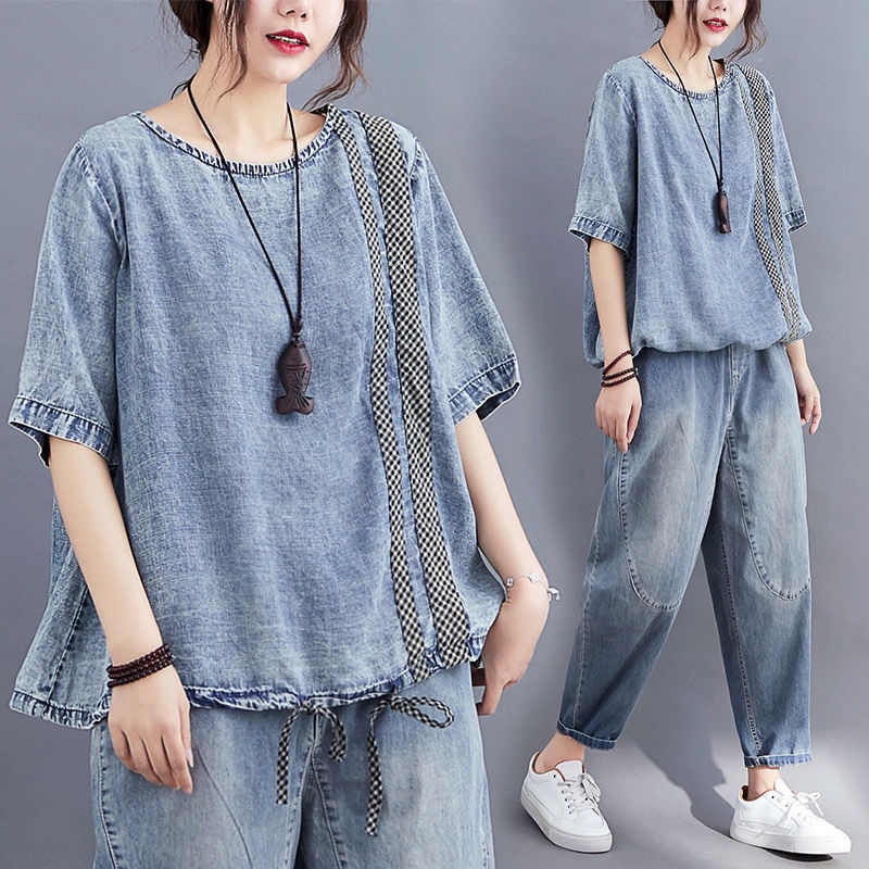 Áo Thun Tay Ngắn Phối Vải Denim Plus Size