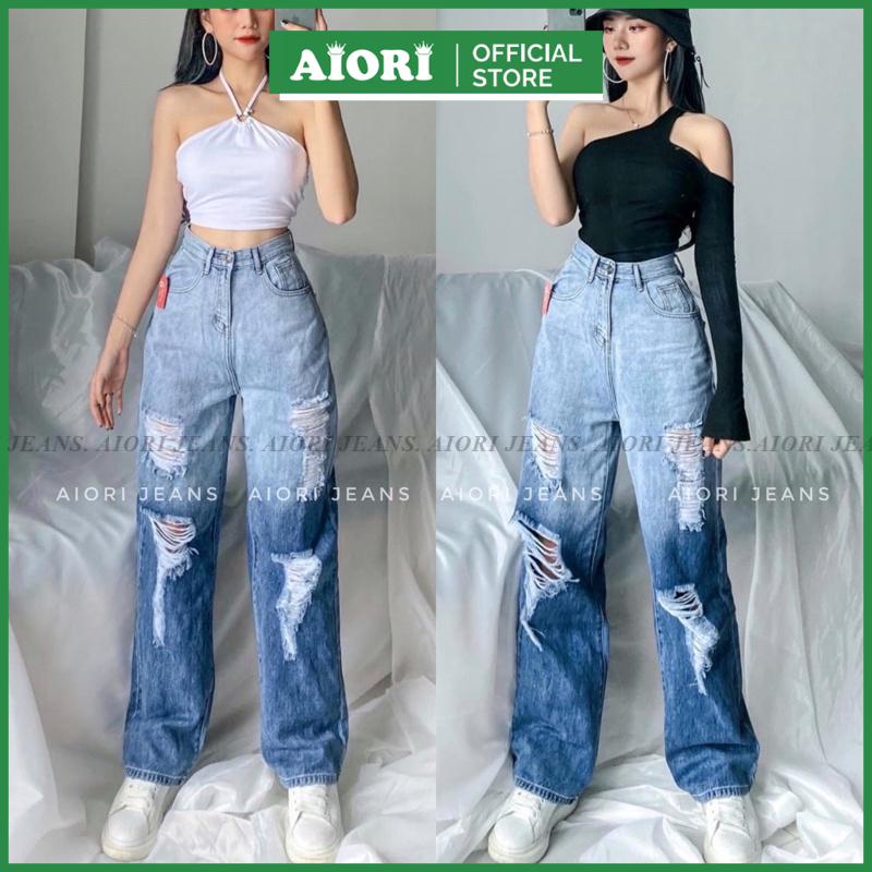 Quần Jean Nữ Aiori Fashion Ống Rộng Lưng Cao Trơn Rách Gối Kiểu Bò Suông Cạp Cao Thời Trang Hàn Quốc Ulzzang_S86