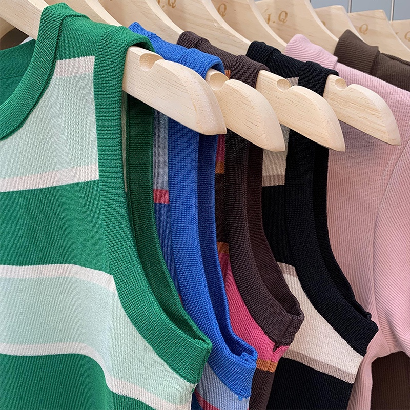 Áo Dệt Kim Sát Nách Dáng Ngắn Họa Tiết Kẻ Sọc Thời Trang Mùa Hè Cho Nữ 54257