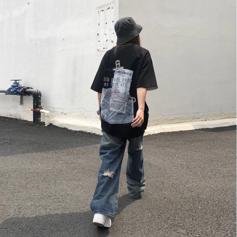 Quần jean unisex ống rộng rách chuyển màu nhẹ