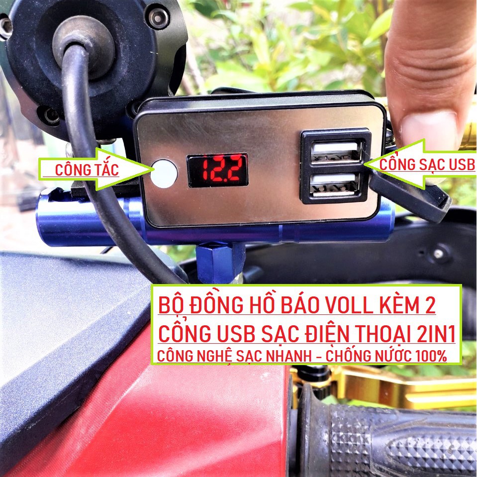 SẠC ĐIỆN THOẠI + BÁO VÔN XE MÁY 2IN1 MẪU MỚI LẮP CÁC LOẠI XE