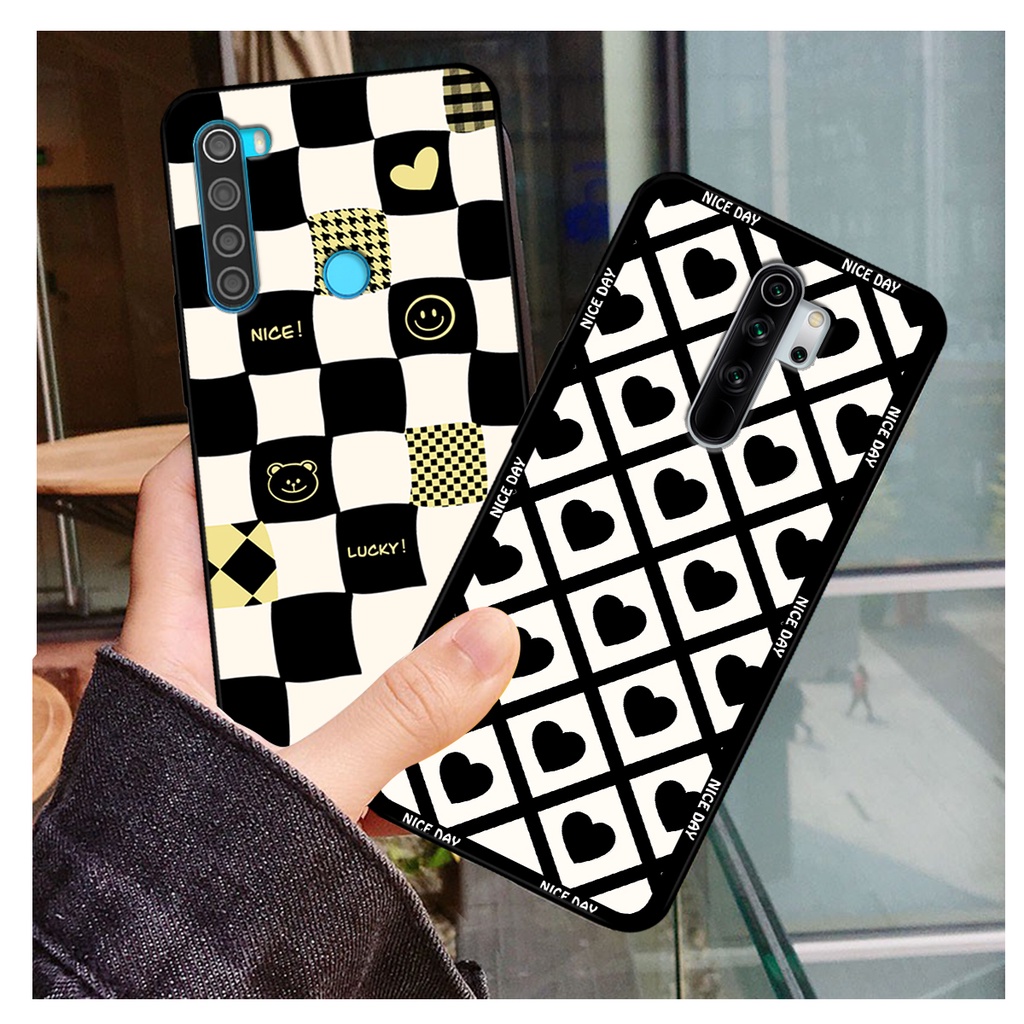 Ốp lưng Xiaomi Redmi Note 8 / Note 8 Pro in hoạ tiết caro trái tim đen trắng, gấu bear cute đáng yêu
