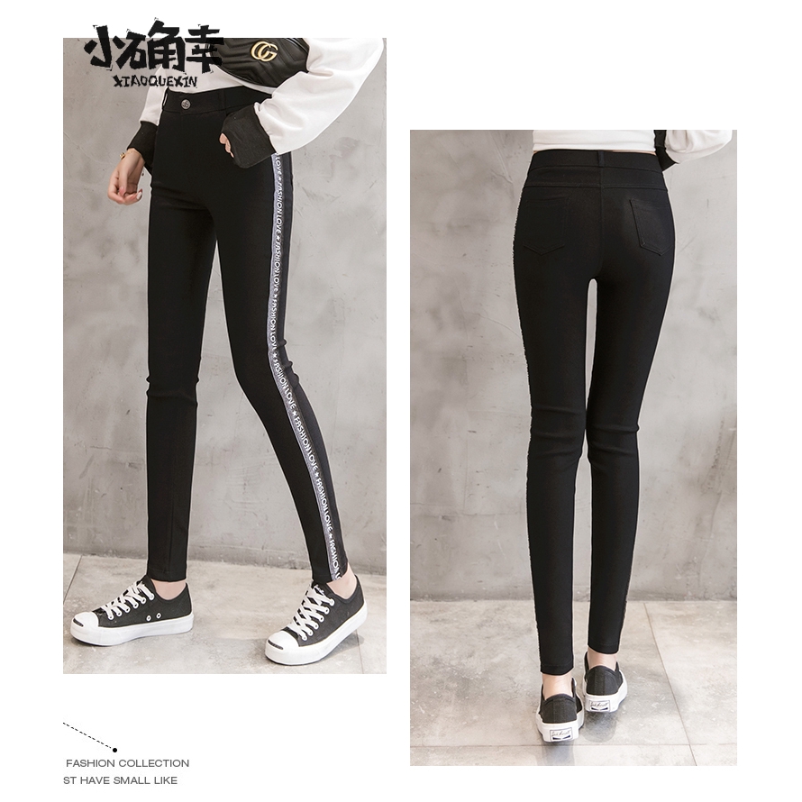 Quần Legging Đen Kẻ Sọc In Chữ Kiểu Hàn Quốc Thời Trang Mùa Thu Size S-3xl