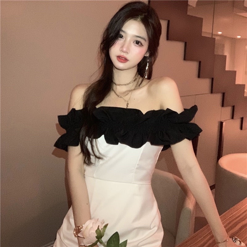 Đầm/Váy trắng trễ vai bèo đen phong cách hàn quốc | BigBuy360 - bigbuy360.vn