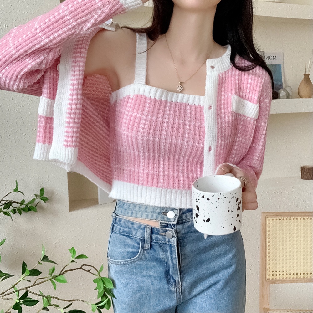 Bộ áo cardigan tay dài và áo croptop hai dây ZHELIHANGFEI dệt kim phong cách quyến rũ thanh lịch dành cho nữ