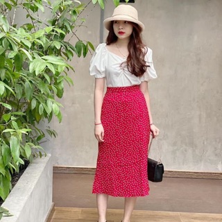 BÁN SỈ Set áo bèo trắng mix chân váy chấm bi đỏ