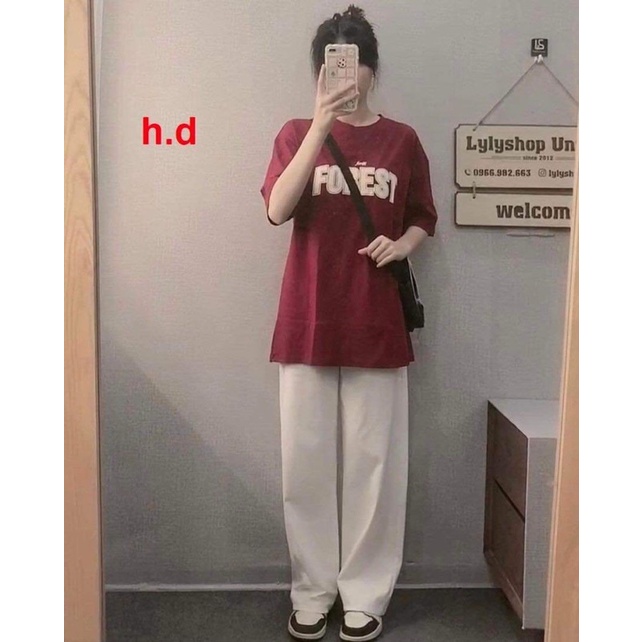 Set Quần Dài Trắng suông Áo Forget, AA[FREESHIP] Bộ đồ culottes trơn  kèm thun form rộng tay lỡ in hình vintage Ulzzang