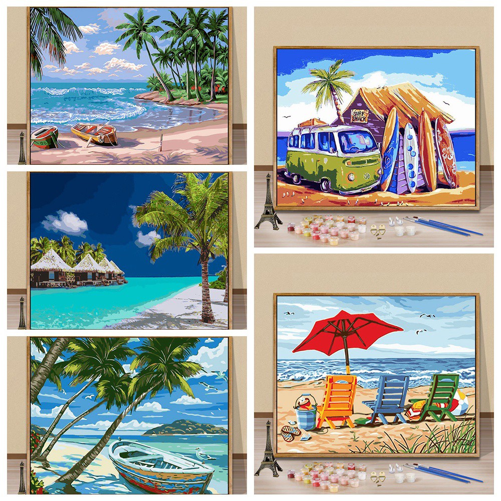 ☈☏♦Tranh Sơn Dầu Hình Bãi Biển Kích thước 50x65cm 40x50cm Trang Trí Nhà Cửa