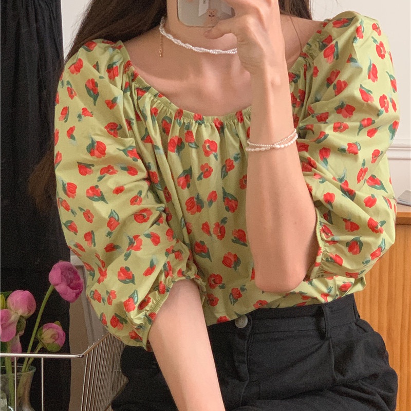SUXI Áo Trễ Vai In Hoa Phong Cách Hàn Quốc Xinh Xắn Dành Cho Nữ